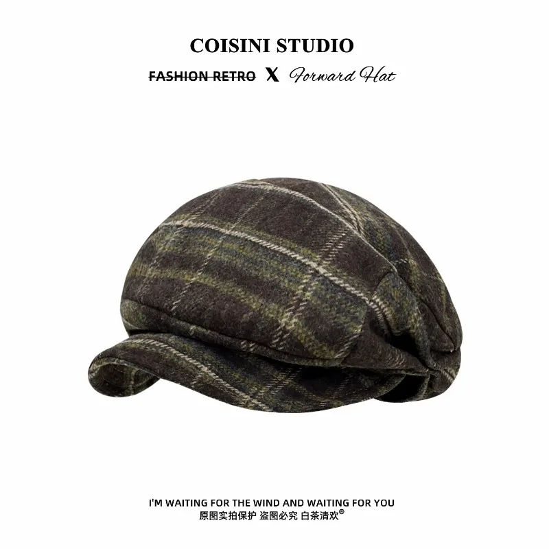 Japanese Retro Color‑Block Plaid Pleated Woolen Berets for Women Autumn Winter Warm Versatile High‑End Elegant Newsboy Hat