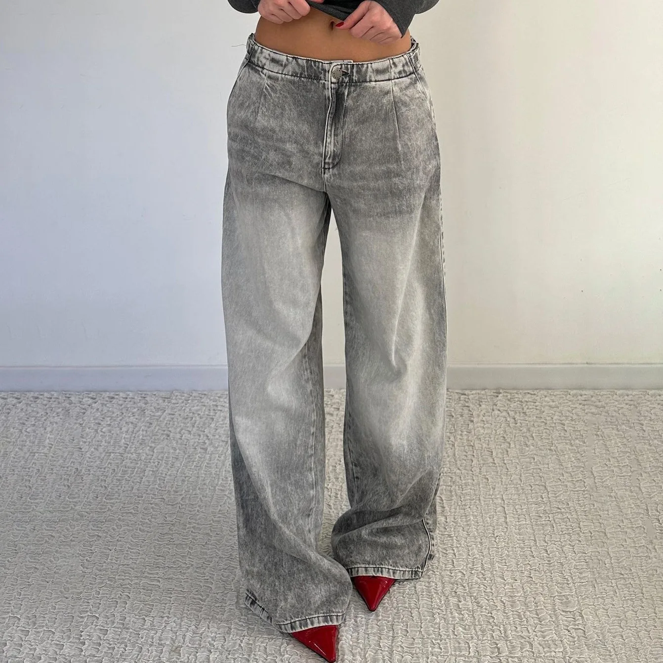 

girl low waist old denim trousers adjustable waist straight tube street retro washing water wide leg jeans trousers women