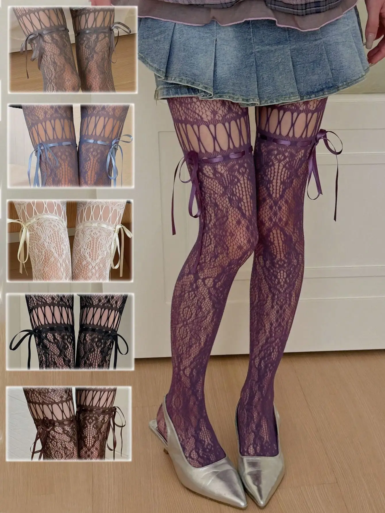 

Y2K Lace Bowknot Fishnet Stockings for Women, Ripped Design with Ribbon Tie, Spring Summer Fashion Hosiery