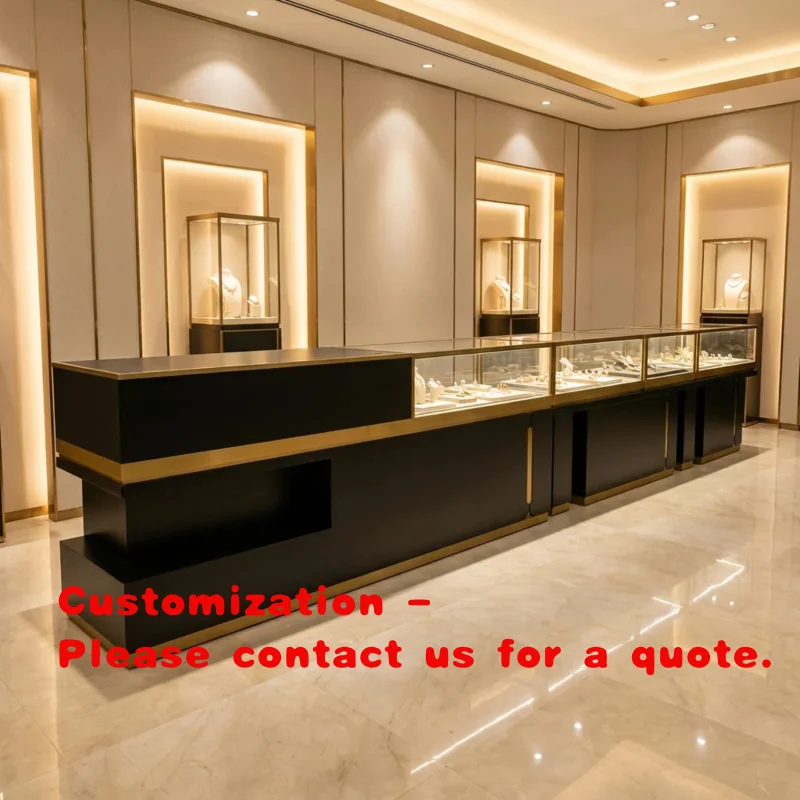 custom.Custom Black Gold Jewelry Display Counter with LED Light & Lockable Glass Retail