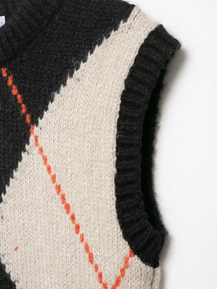 เสื้อกั๊กสตรีแฟชั่นฤดูใบไม้ผลิ ลายเพชร ตกแต่งเก๋ไก๋ ทรงสั้น คอทรงโอ แขนกุด ทรงเข้ารูป อเนกประสงค์ ถักนิตติ้ง อุ่นสบาย