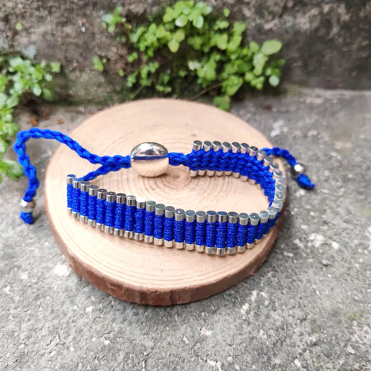 ONE Hand braided friendship bracelet Royal blue thread and silver Metal
