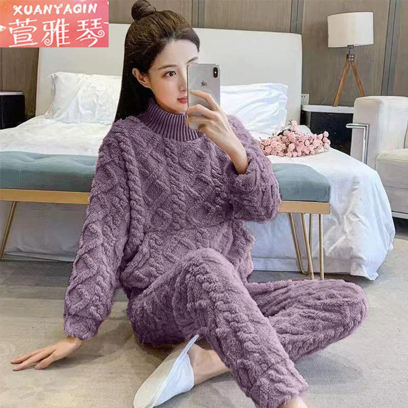 M-4XL Warm Sleepwear Women\'s Winter Coral Plush Casual Korean High Neck Pullover Thickened Outwear Set Women\'s Loose Home Sets