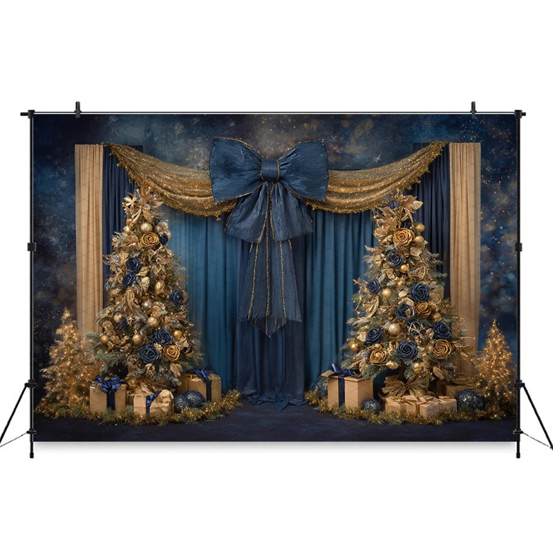 Mocsicka 크리스마스 사진 배경 새해 파티 파란색 커튼 나무 꽃 장식 가족 성인 어린이 사진 배경