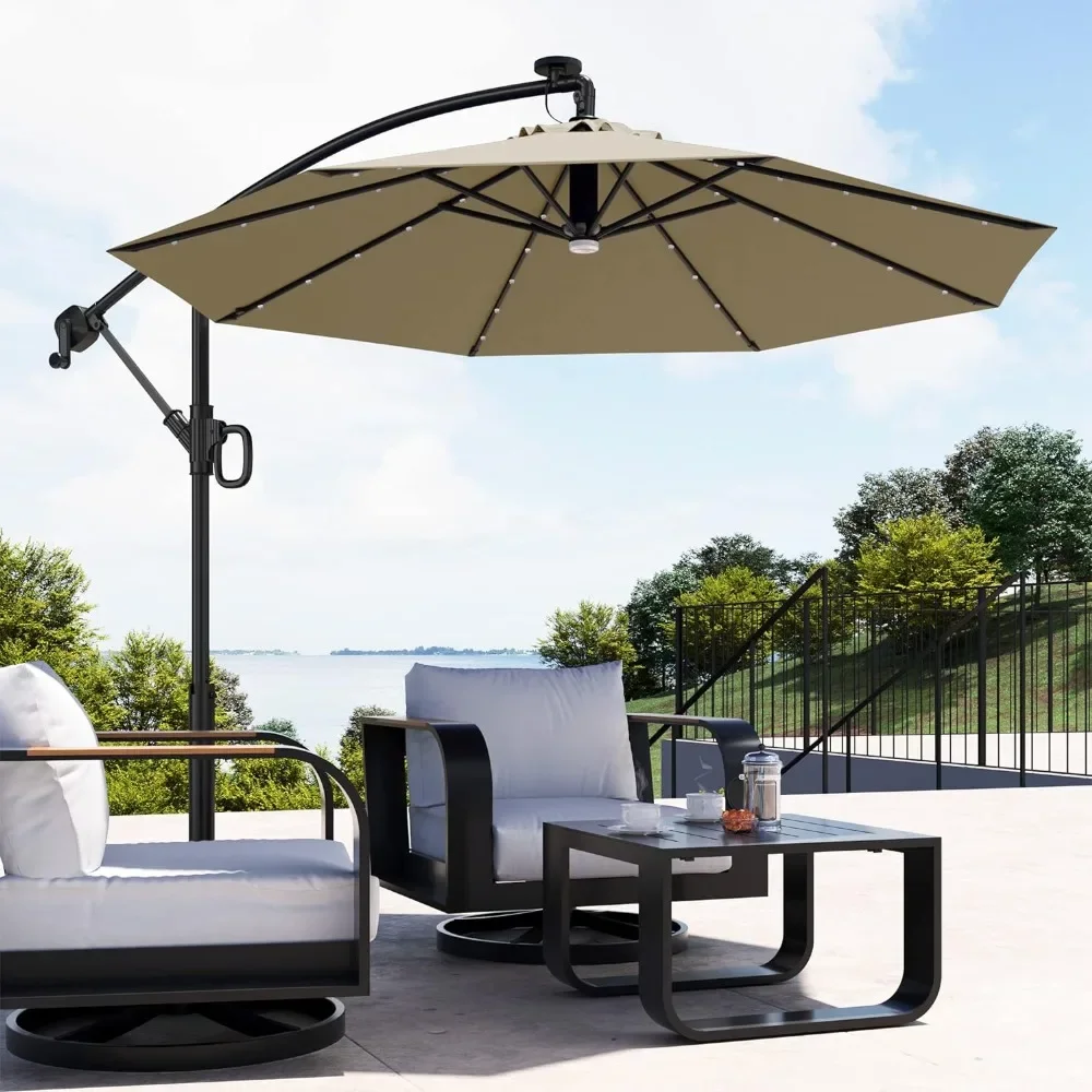 

Outdoor umbrella, 10 foot outdoor bias umbrella, with 8 ribs,40 LED solar lights and crank, aluminum pole and UPF 50+anti fading