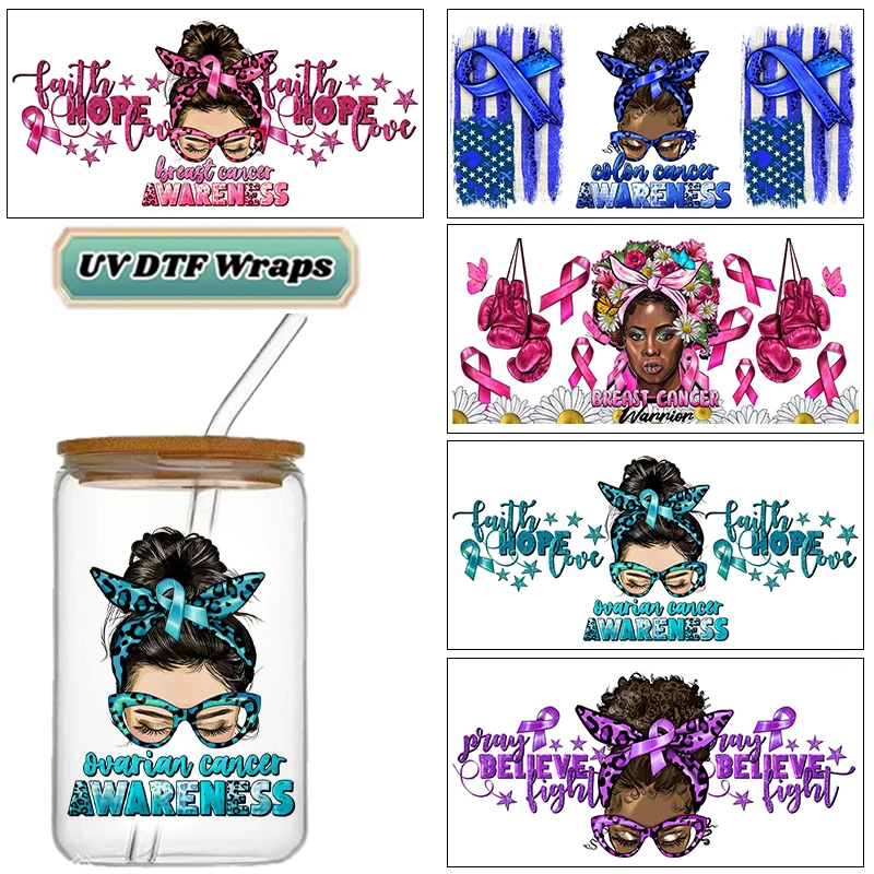 Cancer Awareness UV DTF Wraps, Faith Hope Love Ribbon Stickers for Cups Bottles, High-Quality DIY Craft Transfer Stickers