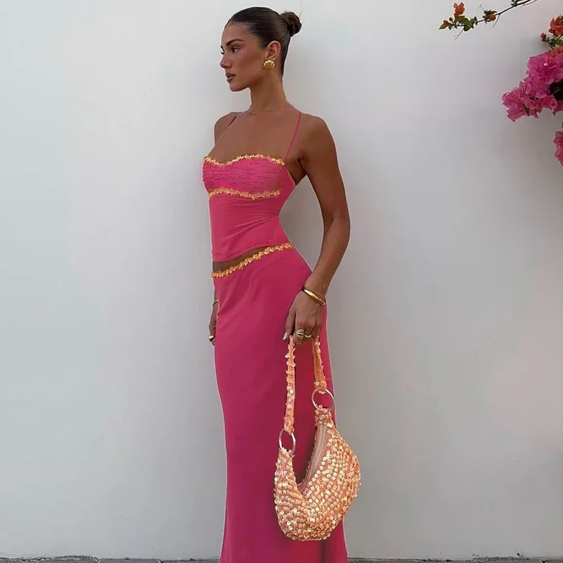 IMU Heart Neck Sexy Outfits for Women Beading Patchwork Crop Halter Top Chiffon Fishtail Skirt Suit 2026 NEW Chic Lady Matching
