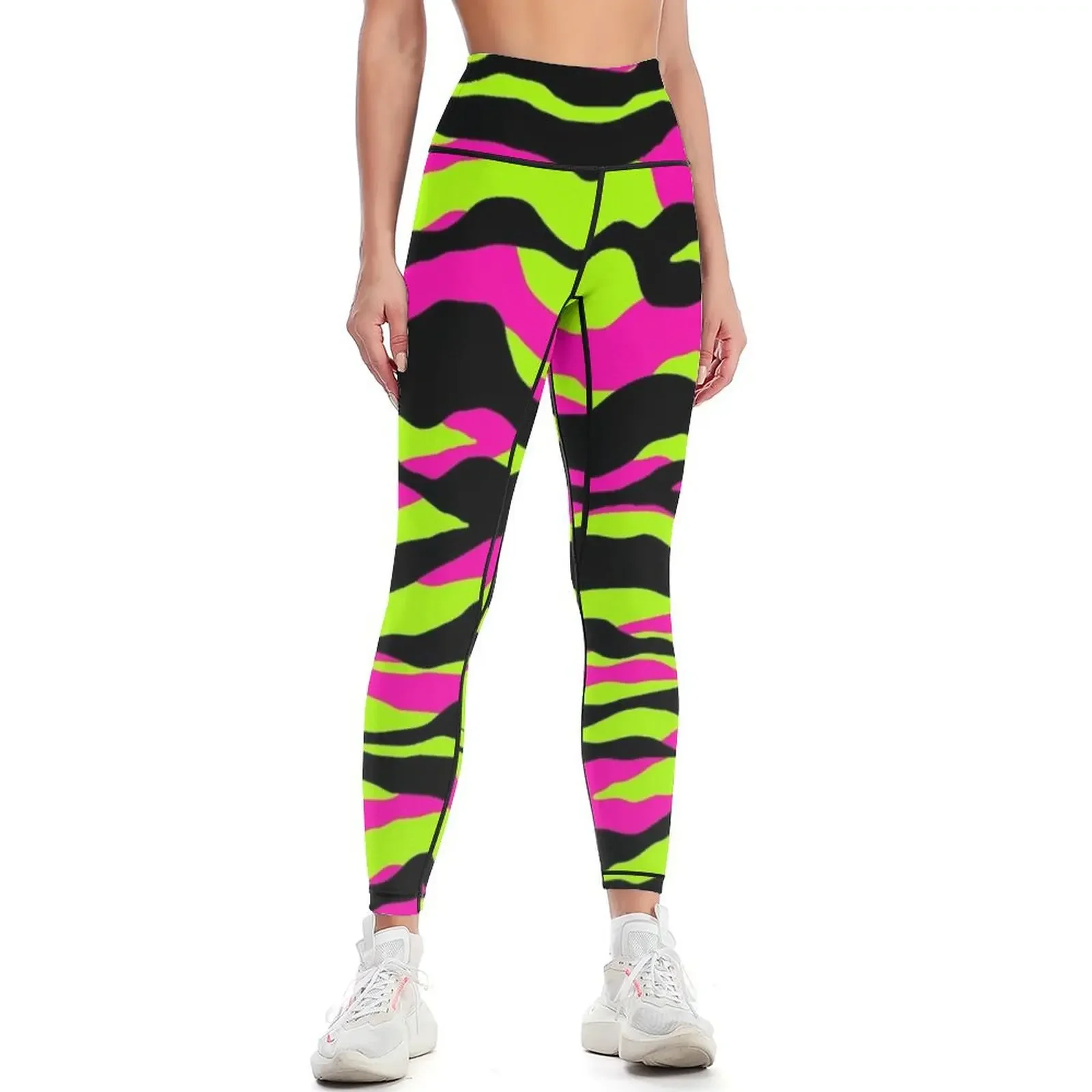 

Neon Rave Zebra Wild Animal Print in hot Pink Bright Green and Black Leggings Sportswear woman gym active wear Womens Leggings