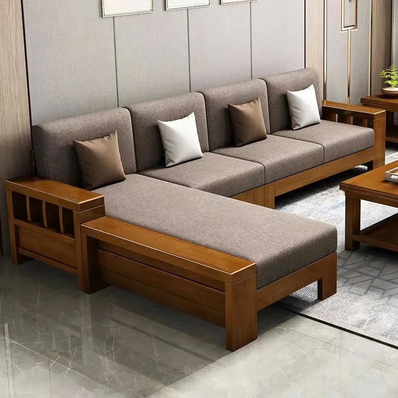 Solid Wood Fabric Sofa with Storage Box Chinese Style Living Room Furniture Dual Season Use Apartment Size Couch Combination