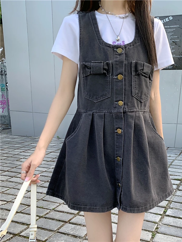 여름 얇은 데님 오버롤 여성용 하이웨이스트 A라인 드레스 스커트 슬림 효과 플러스 사이즈 출퇴근용