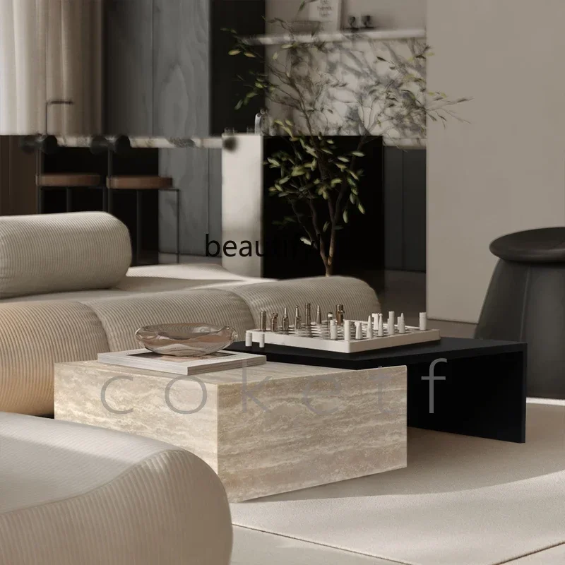 

Nordic minimalist style high-end natural rectangular Roman cave stone coffee table designer wabi-sabi wind living room
