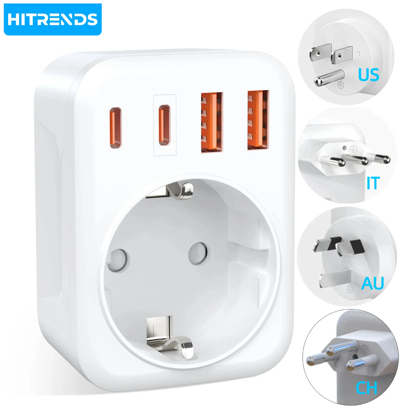 

Многофункциональный мини-адаптер для путешествий 5-в-1, розетка стандарта ЕС + 2 USB-A + 2 USB-C с защитой от детей, идеален для командировок и путешествий