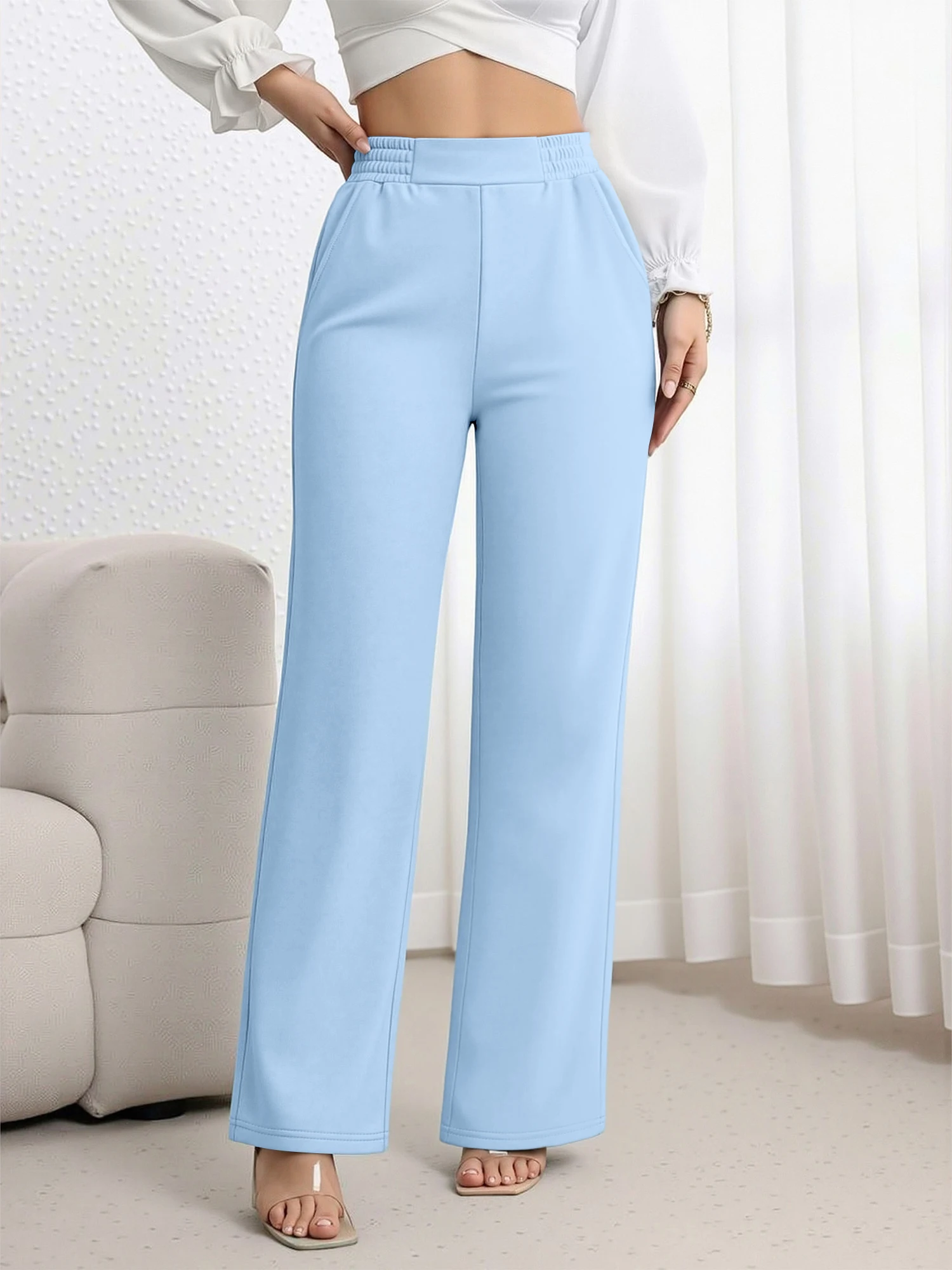 Y2K Streetwear High Waist Wide Leg Pants Women Elastic Waist Solid Color Trousers Trendy for Party Hangout Street Fashion - view 5