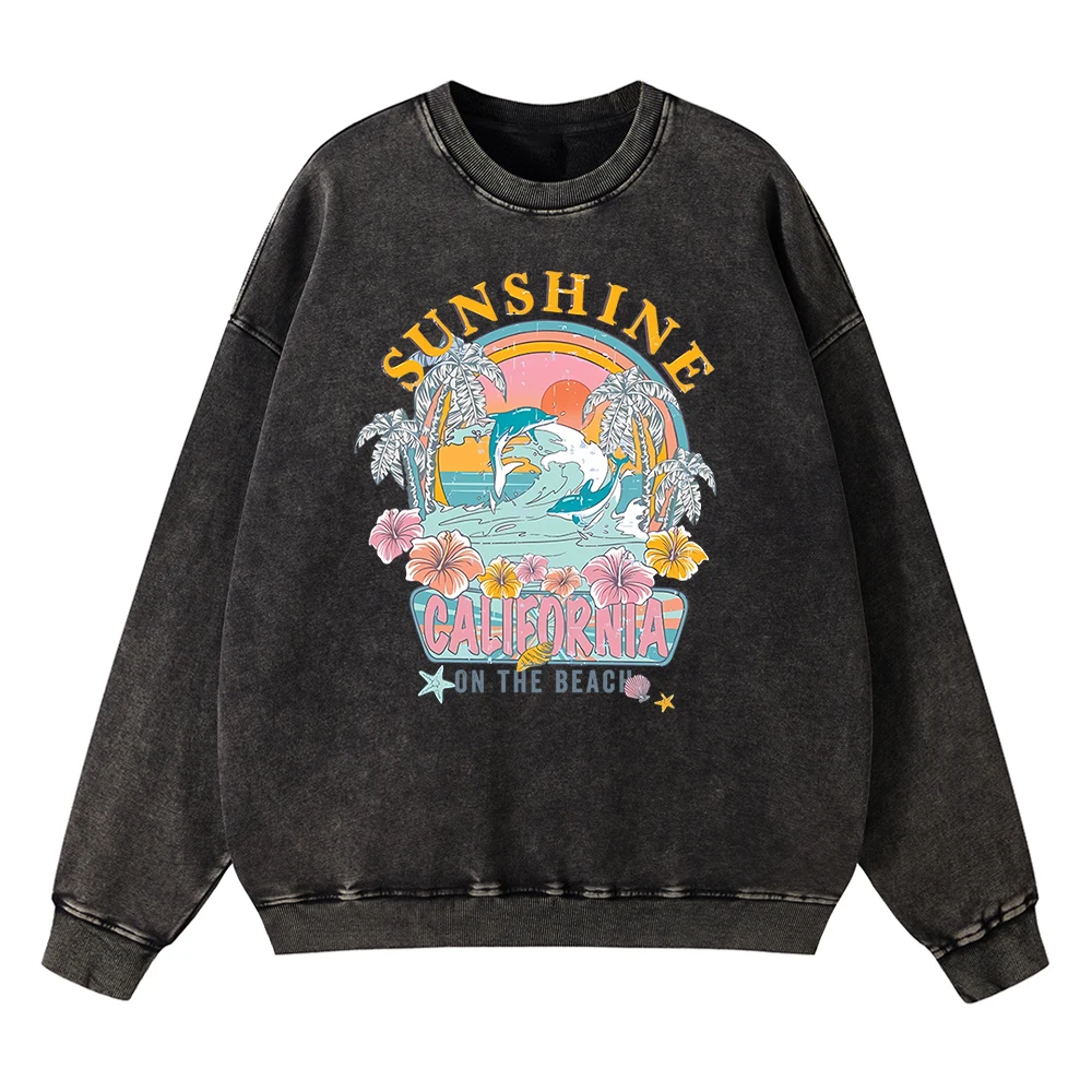 Vintage Distressed Washing Sunshine California On The Beach Letter Hoodie Men Sweatshirts Cotton Casual Hoody Loose Clothing