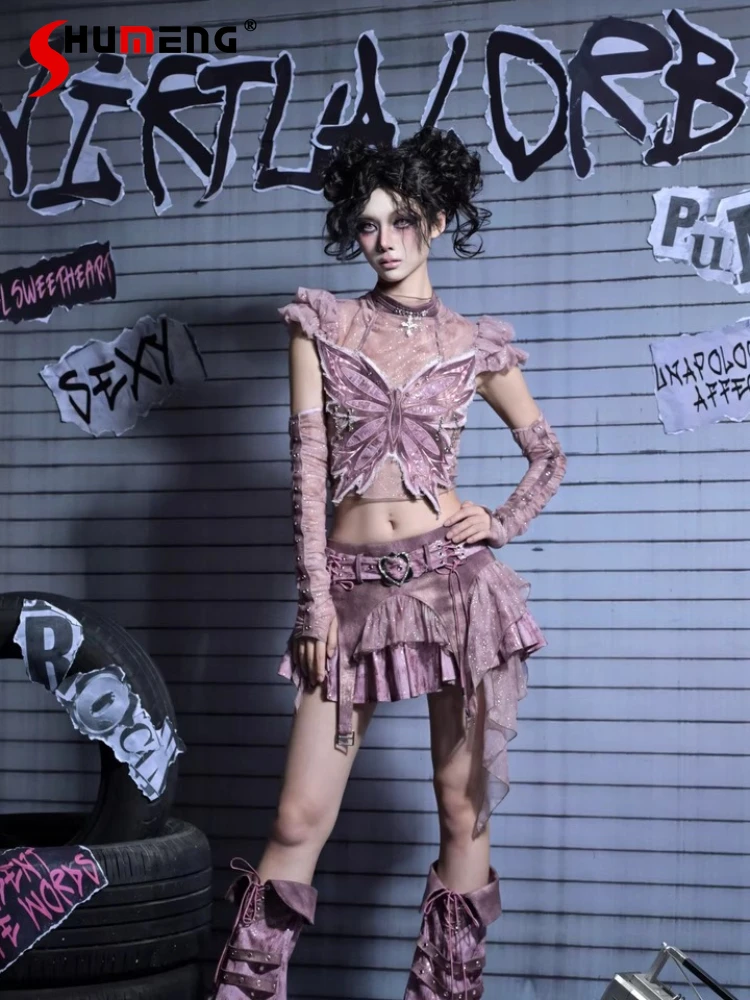 

Subculture Y2K Skirt Set Hot Girls Punk Gothic Sweet Cool Three-Dimensional Bowknot Corset T-Shirt Mini Low Waist Skirt Set