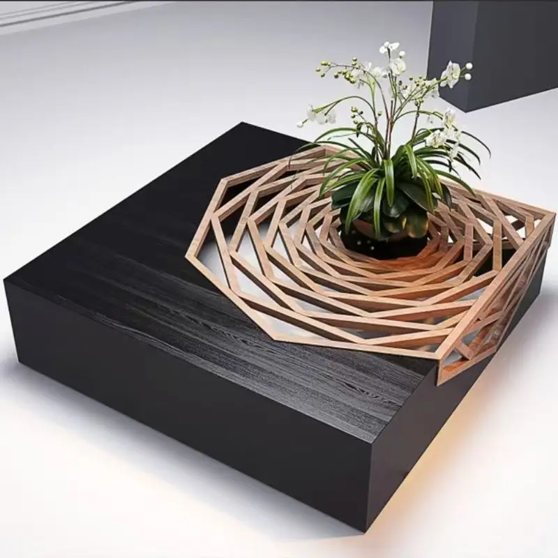 

Solid wood minimalist square coffee table hollow flower pattern floor high-end tea table living room household small apartment v