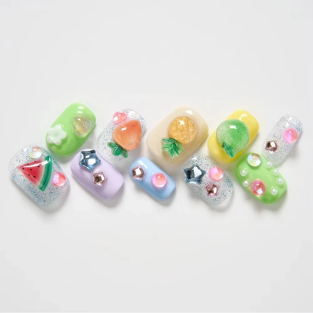 

10PCS/Set Glossy Press on Nails Short Coffin Fake Nails Cute Fruit 3D Design Nail Charms Flower Press on Nails Handmade Nail Art
