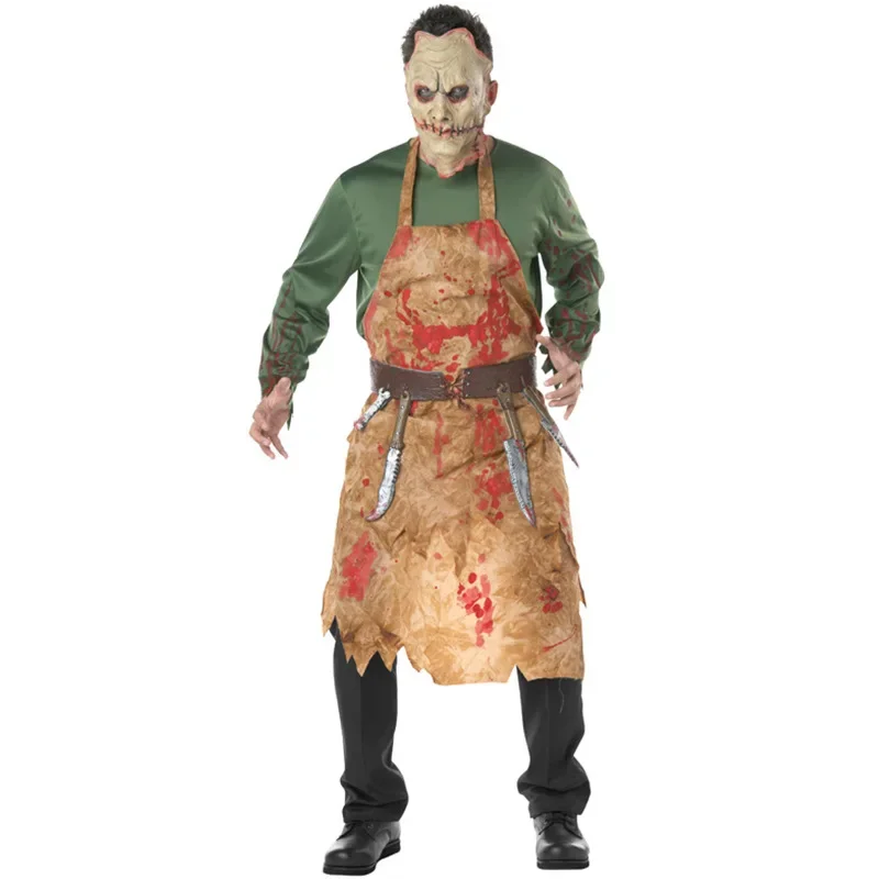 Kostiumy impreza z okazji Halloween dla mężczyzn przerażający krew Zombie rzeźnik kostium szefa kuchni Cosplay z maską