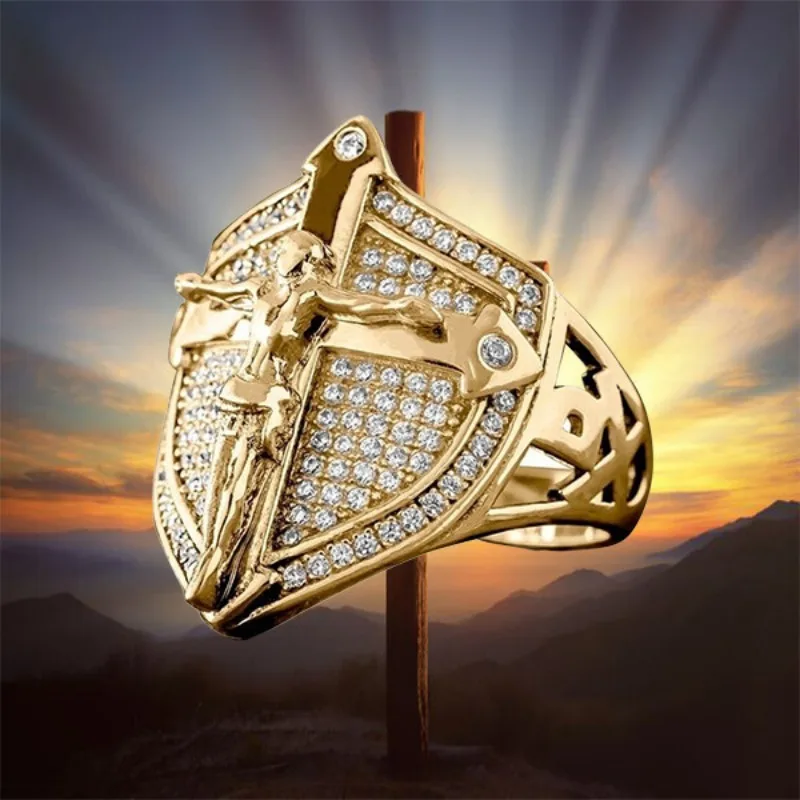 Gold Color Jesus Cross Shield Men's Ring Zircon Cool Motorcycle Party Punk Hip Hop Male Jewelry Anniversary Decoration Wholesale