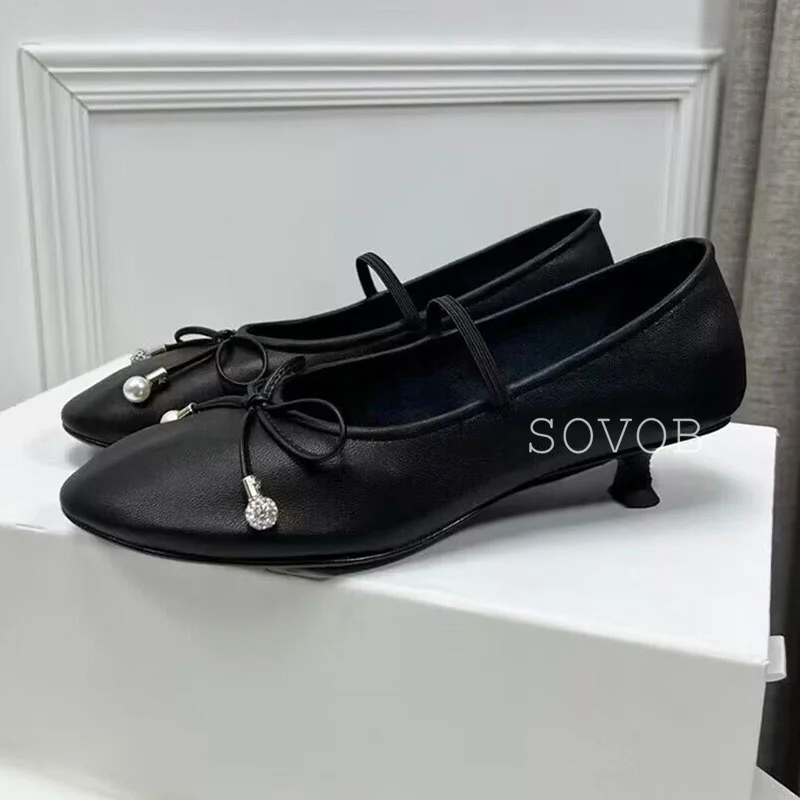 Ladies' Round Toe Genuine Leather Flat Shoes Bow Elastic Band Design Casual Single Shoes Spring Daily Versatile Walking Shoes