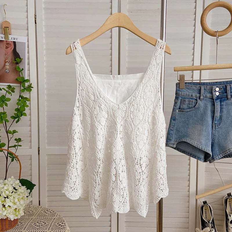 Boring Honey V-Neck Solid Colors Fashion Women Blouses Chic Sleeveless Crochet Women's T-Shirt Hollow Out Edible Tree Fungus Top