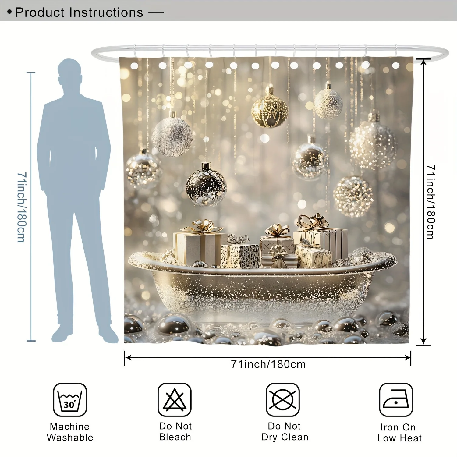 4Pcs Xmas Bath Set, Christmas Ball Gift, Silver Curtain, Holiday Bathroom Decor, 12 Hooks, Non-Slip U-Shaped Cover