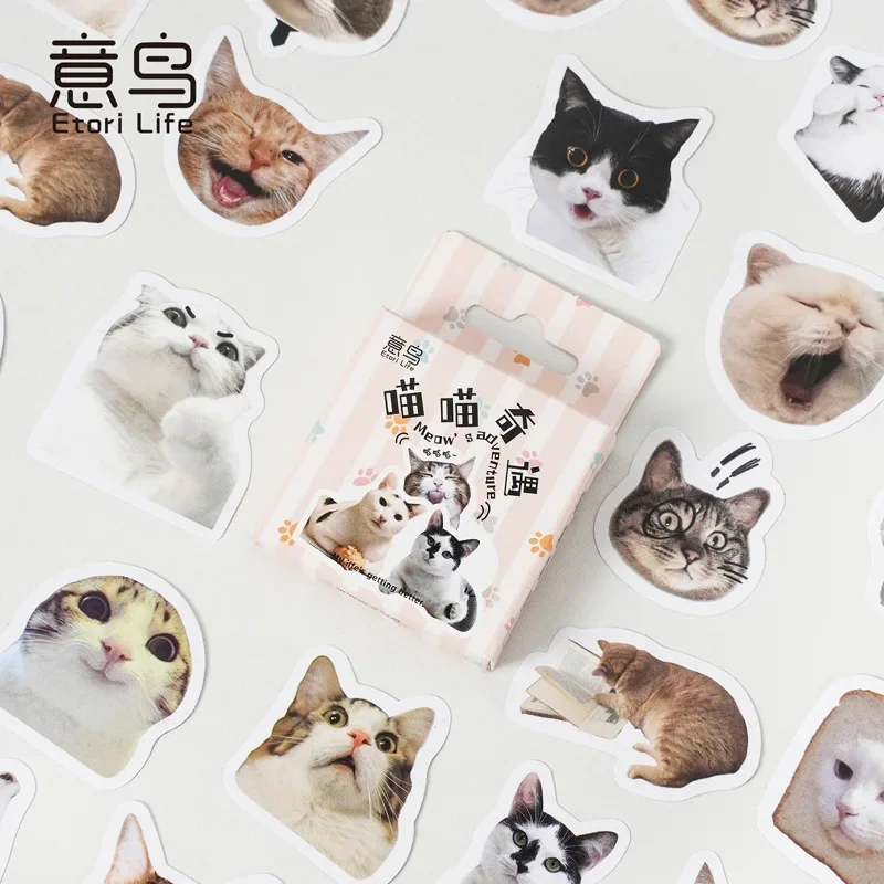 46 PCS Cartoon Cute Animal Society Mischievous Expression Cat Student DIY Stationery,Laptops Decoration Stickers