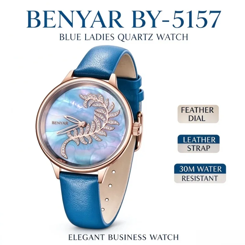 BENYAR BY-5157 Ladies Luxury Watch Diamond Feather Floral Design Mother of Pearl Dial 30M Water Resistant Wristwatch