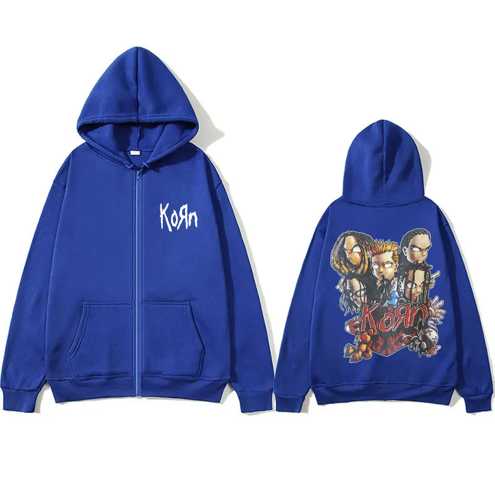 Sweat à capuche zippé imprimé dessin animé pour hommes et femmes, sweat à capuche Rock Band Korn, sweats à capuche musicaux en dermatmétal, veste zippée respirante à la mode