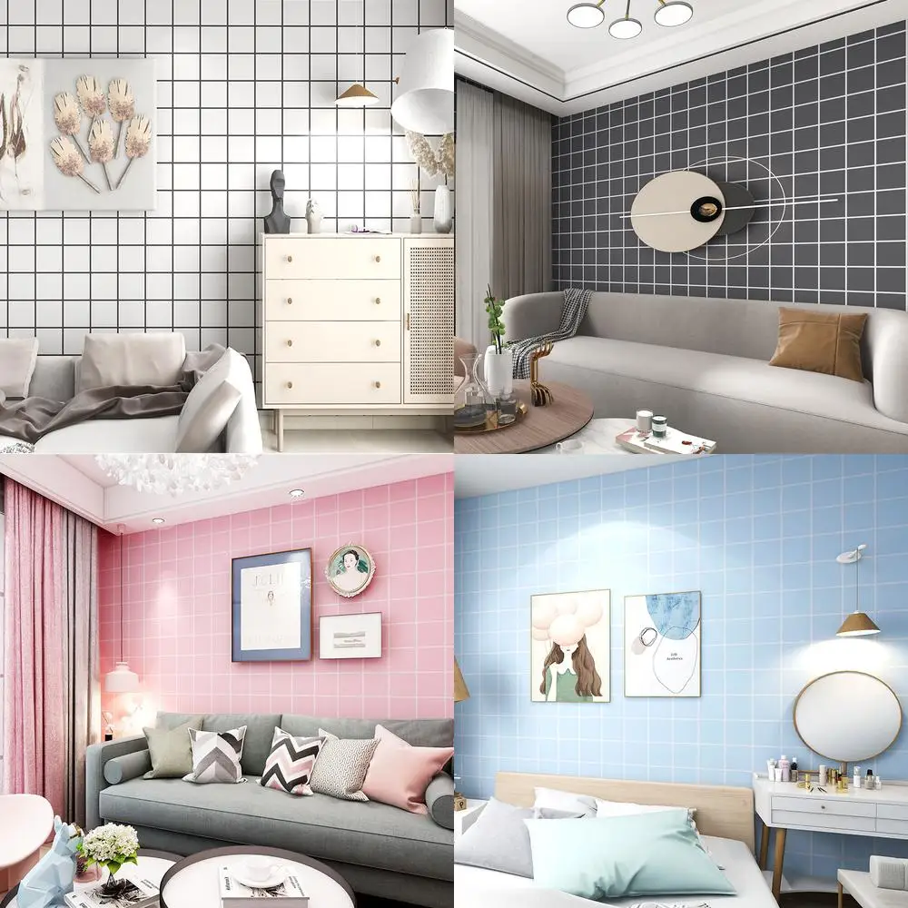 

Неклейкие черно-белые сетчатые обои для украшения бара в магазине чая с молоком, квадратные черные линии, фоновая настенная бумага, белый мини