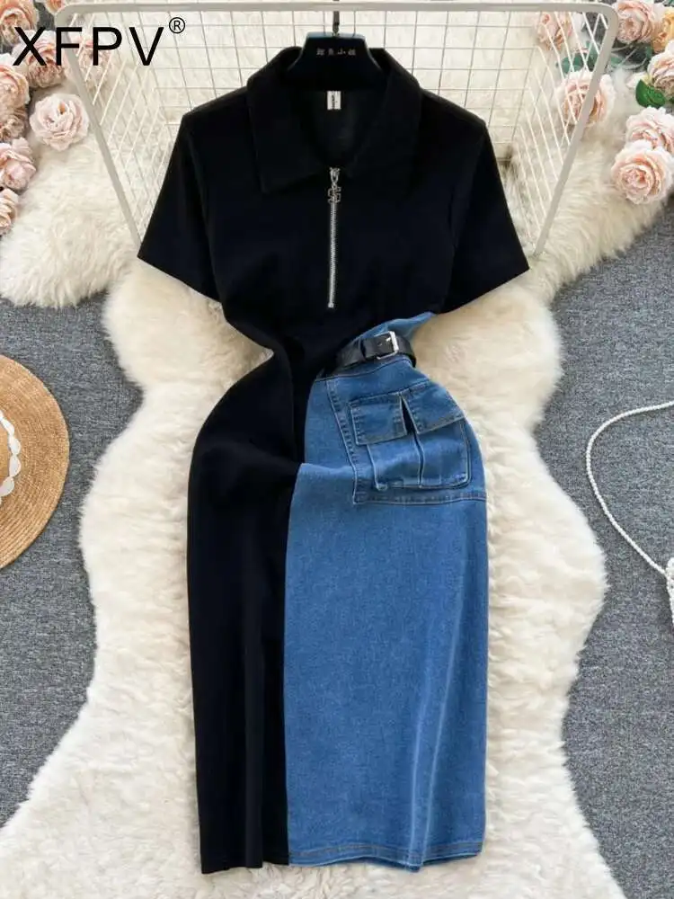 XFPV النساء فيستدوس الألوان المتناقضة المرقعة سليم صالح عالية الخصر فساتين من قماش الدنيم التلبيب Vestidos لربيع وصيف 2025 SM10385 #1