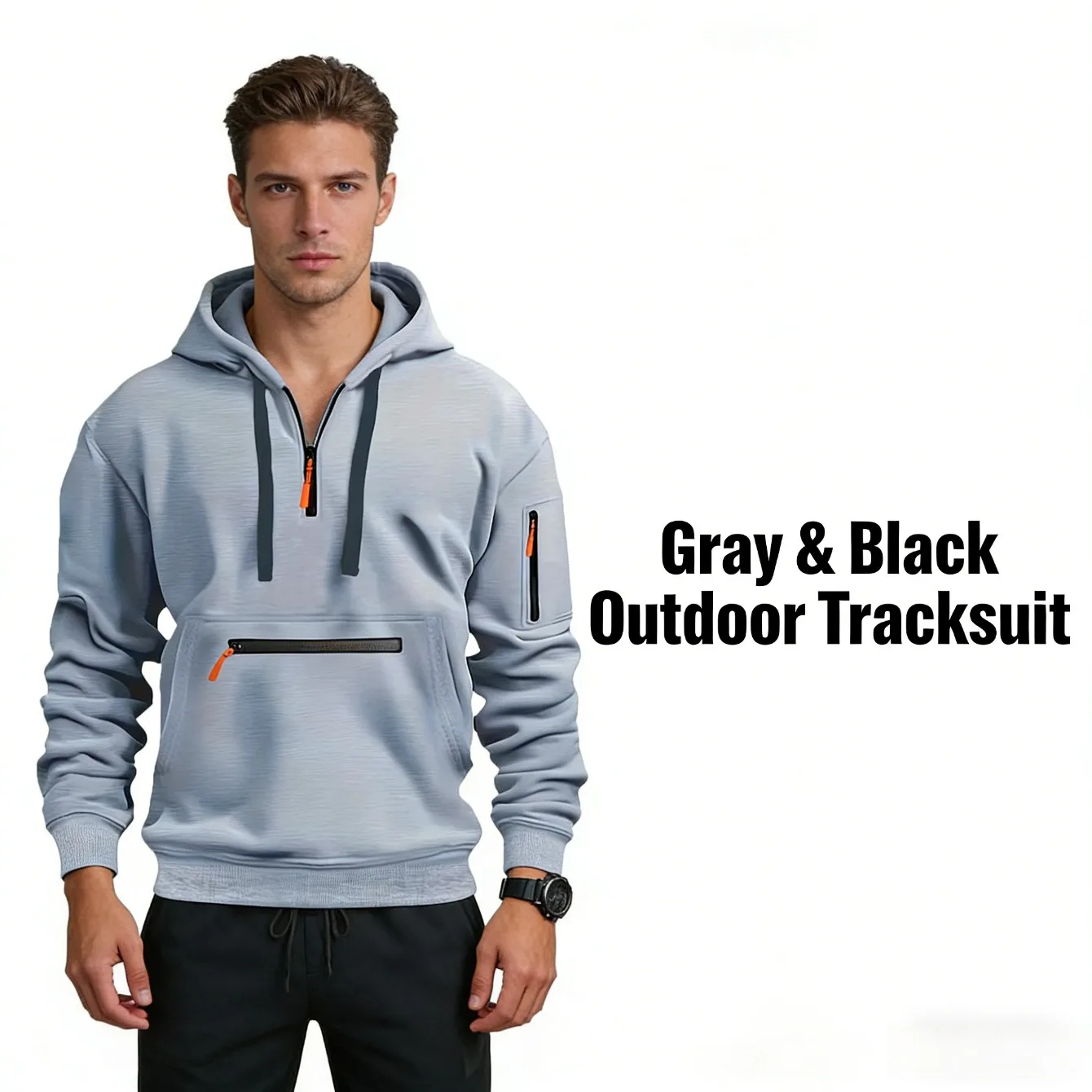 

Men's Hooded Zip Sweatshirt Set Spring Autumn Multi Pocket Sports Casual Versatile Pullover Two Piece Set