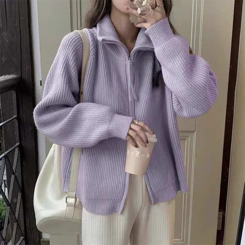 

Lapel Double Zipper Fashion Korean Knitted Cardigan Casual Solid Color Long Sleeve Tops Sweater Autumn Commuter Cardigan Women