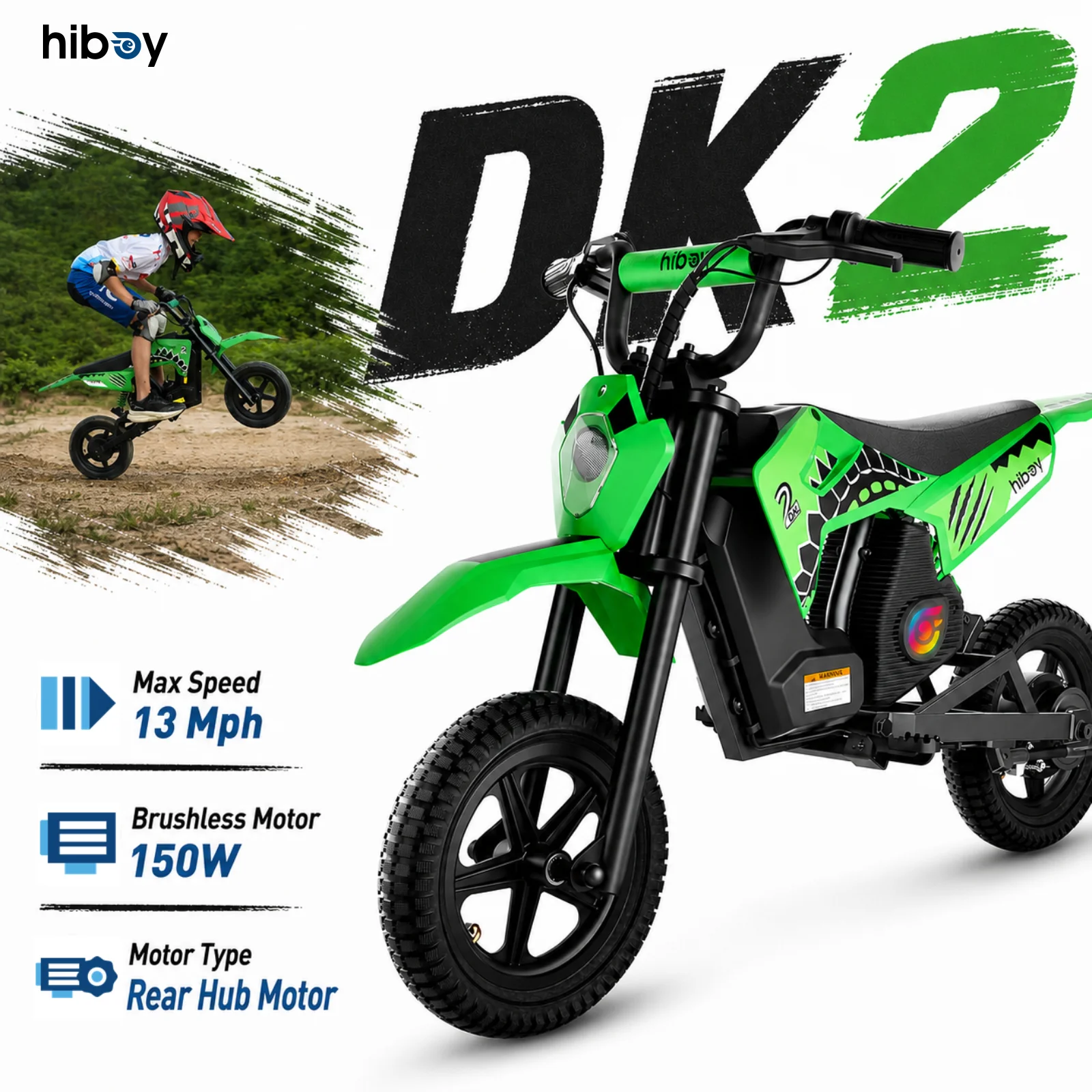 Hiboy DK2 Electric Motorcycle for Kids, 300W Peak Motor, 13 MPH, 3-Speed Electric Dirt Bike, 11.2-Mile Range, Ages 3-7