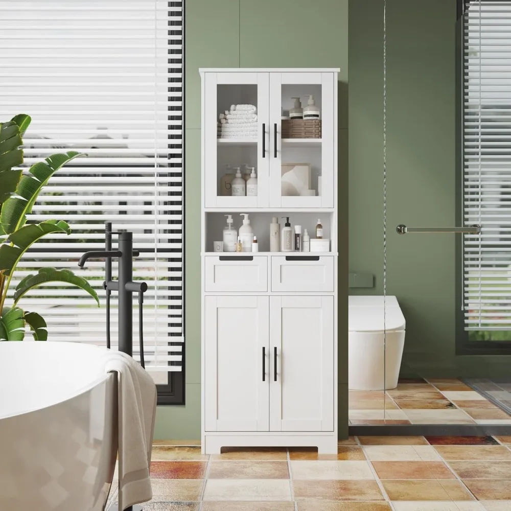 

Tall Bathroom Storage Cabinet, Bathroom Cabinet with 2 Drawers, 2 Acrylic Doors, Customized