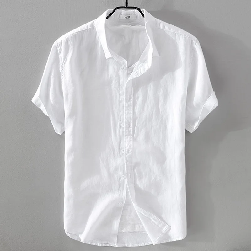 

2025 Pure Linen Short Sleeved Shirt Men's Linen White Shirt Cotton Linen Men's Upper Garment Men's Casual Summer Half Sleeved