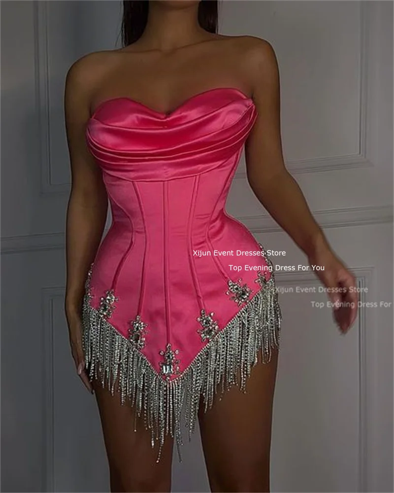 Xijun Sexy Hot Pink Evening Dress Mini Prom Gowns Dress Crystal Beads For Black Birthday Party Dresses Prom Dresses Tassel 2023