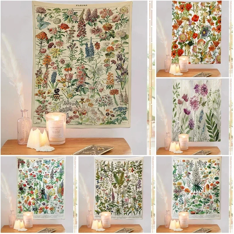 VIKAMA Vintage Botanical Tapestry Retro Flower Plant Illustration Boho Floral Wall Hanging Room Decor Cloth