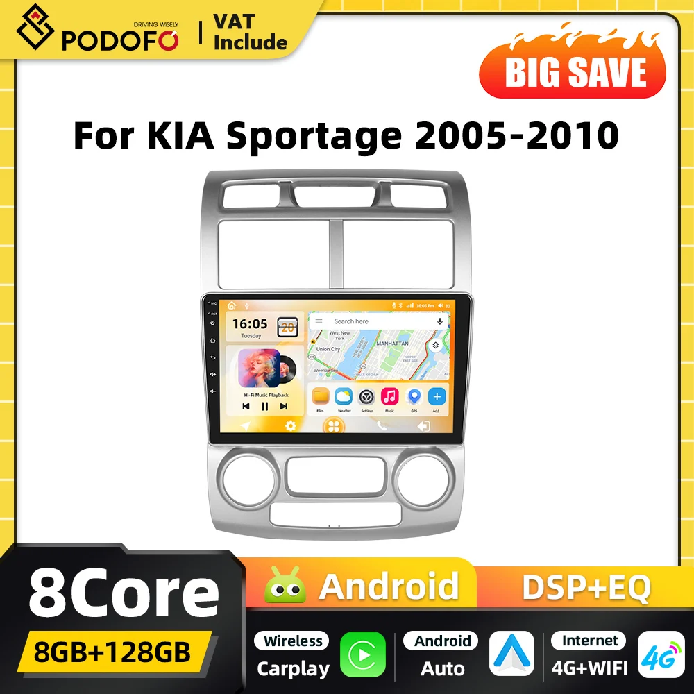 Podofo Snapdragon 8Core 2DIN Android Auto-Multimedia-Player für KIA Sportage 2005–2010, Carplay, GPS-Navigation, DSP, WIFI, FM, RDS, BT