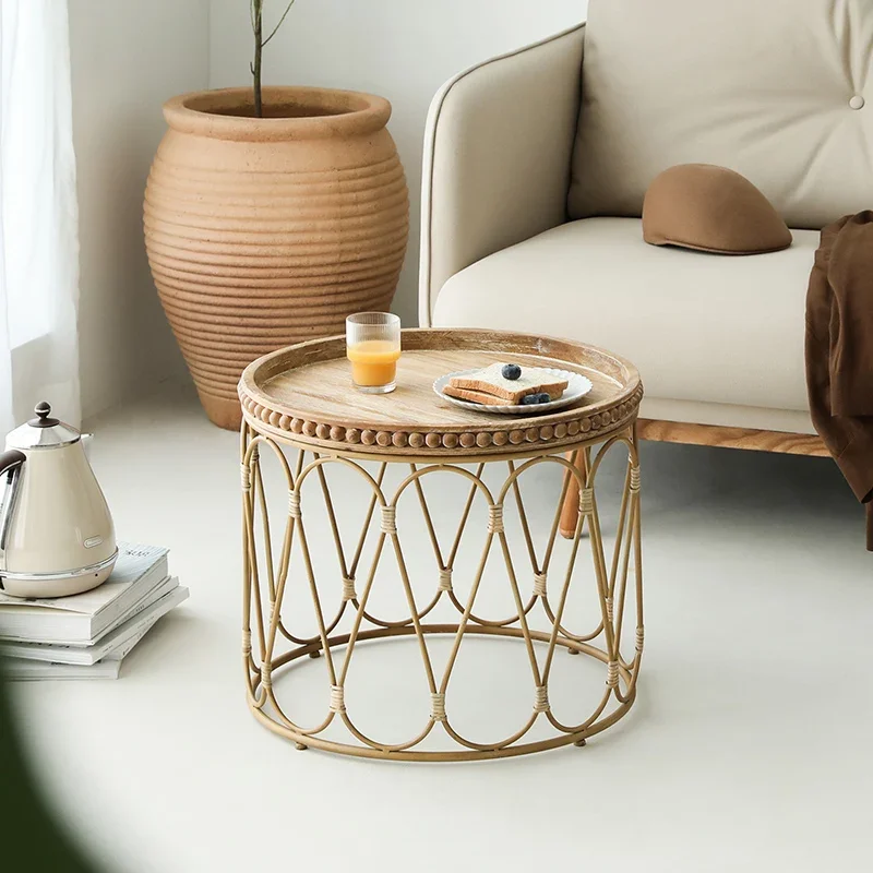 

Rattan Round Coffee Table, Scandinavian Modern Log Furniture, Rattan Small Coffee Table, Small Household Table