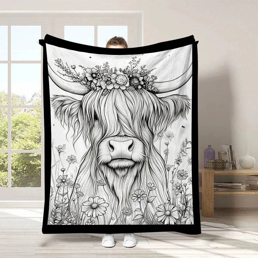 DIY Graffiti Blanket Highland Cow Floral Doodle Blanket Farm Animal Flower Line Blanket for Indoor Leisure Time