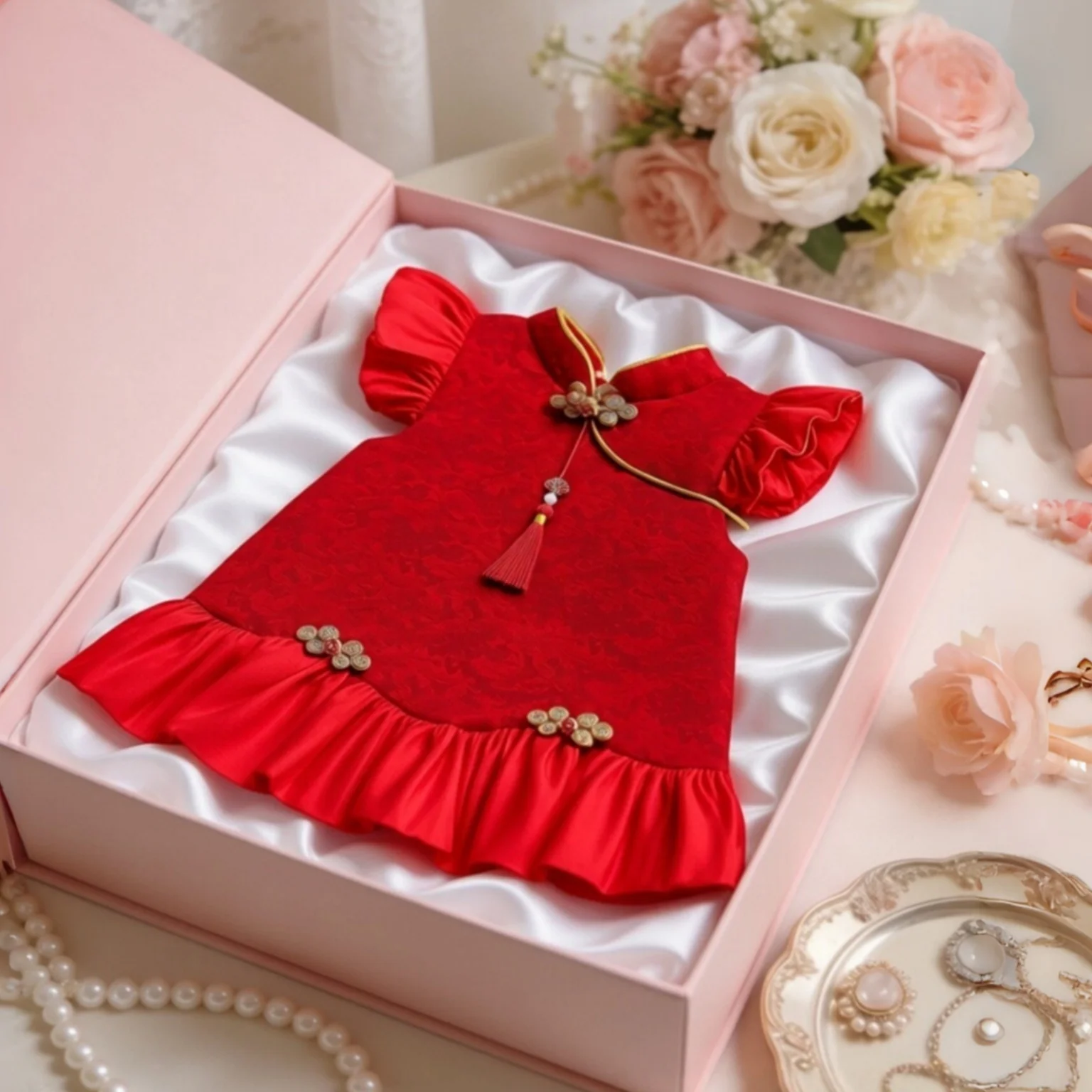 New Year's Party Chinese Cheongsam Baby Girl Dress Summer Red Buckle Fashionable Classical Banquet Event Dress 9 Months-3 Years