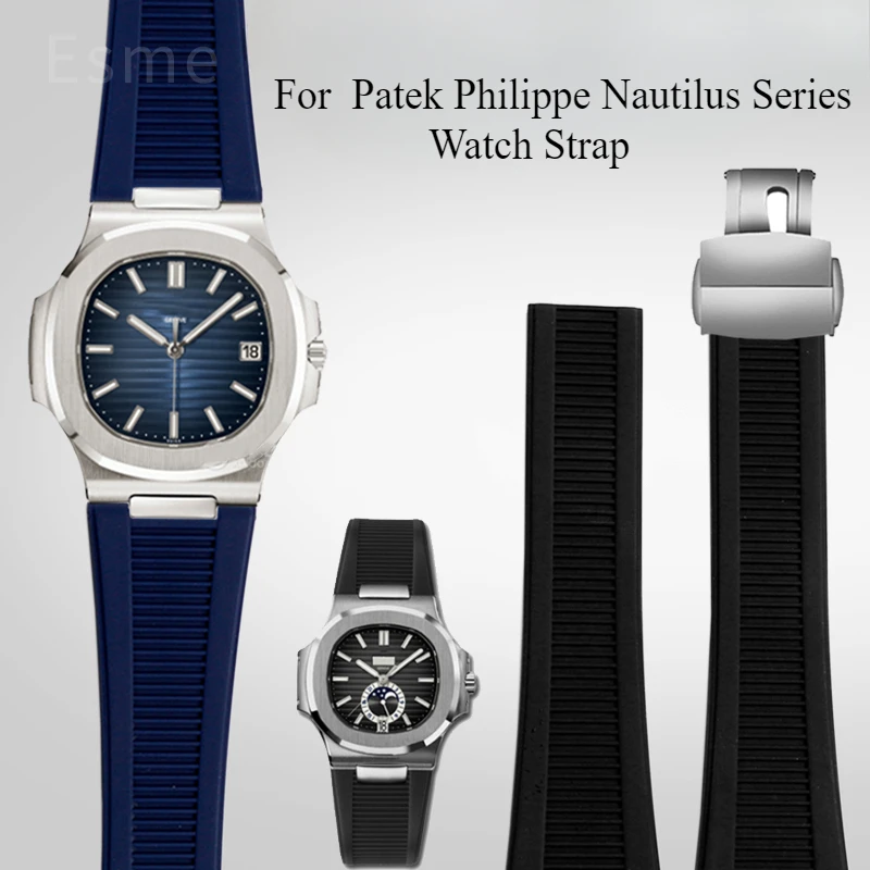 Para Patek Philippe Nautilus 5712 5726 correa de reloj de silicona hebilla de acero sólido 25x13 accesorio de reloj impermeable interfaz cóncava
