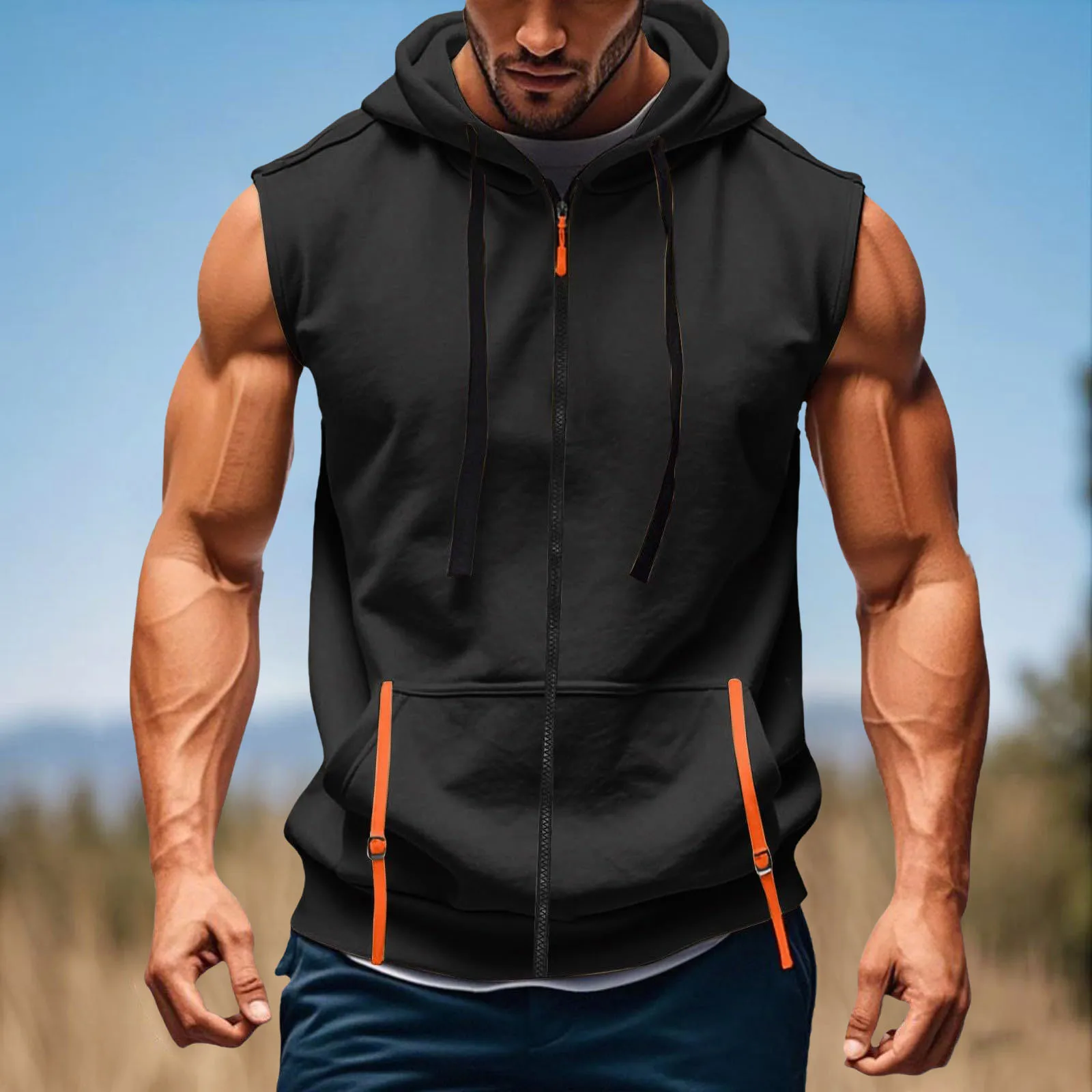Men's Running Fitness Hoodies Short Sleeve Quarter Zip Sleeveless Hooded Lightweight Oversized Pockets Loose Breathable Hoodies