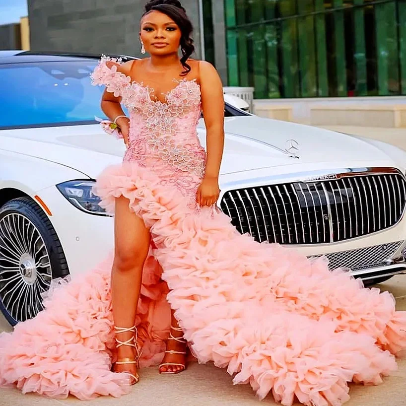 Aso Ebi Pink Mermaid Prom Dress Beaded Lace Flowers Evening Formal Party Second Reception 50th Birthday Engagement Gowns Dresses