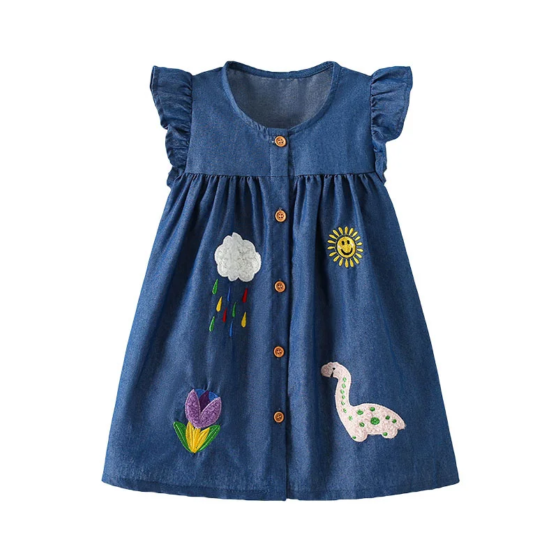 

Jumping Meters 2-7T Dinosaurs Summer Girls Dresses Animals Embroidery Children's Clothing Party Buttons Lovely Dresses