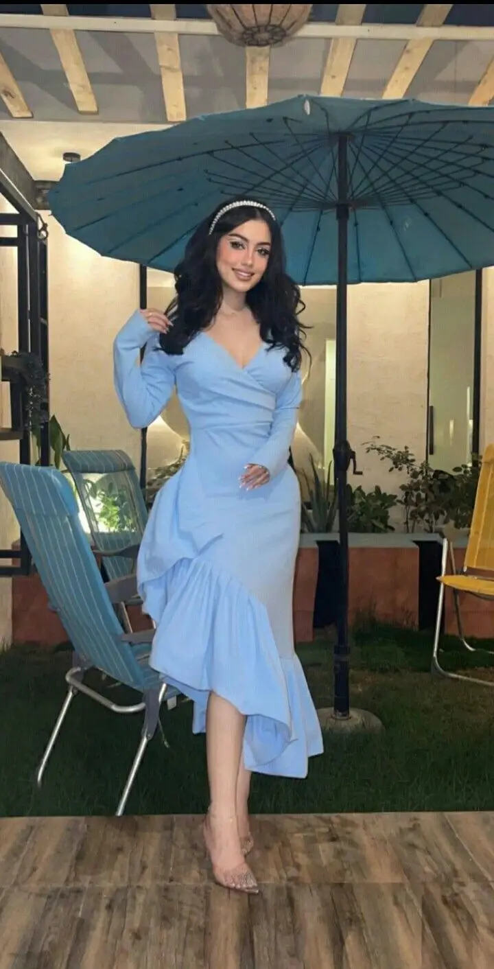 Baju Prom wanita, baju acara Formal wanita biru muda, leher V lengan panjang, gaun malam temperamen