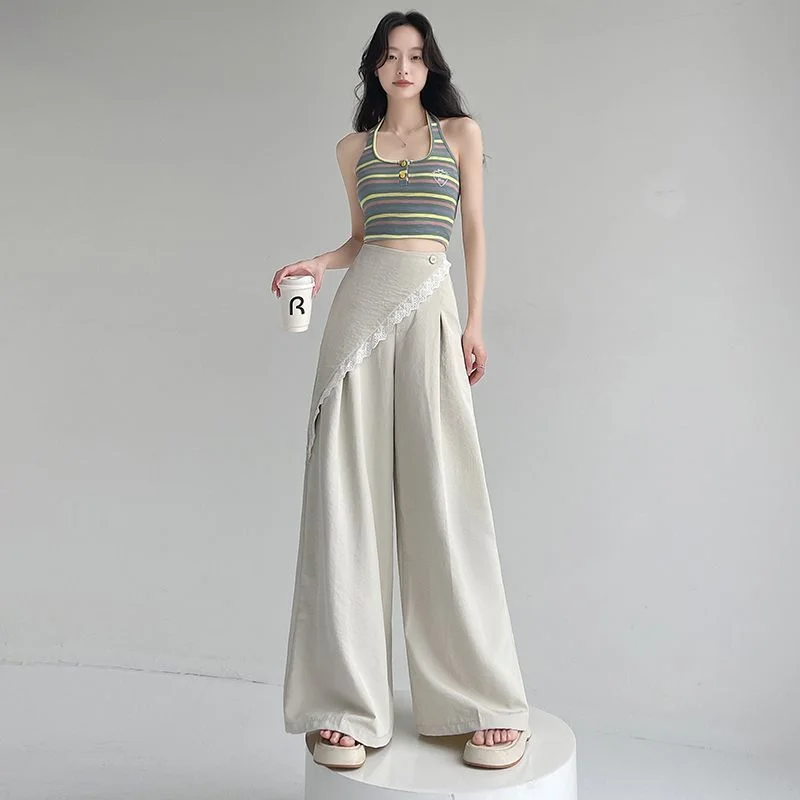 Elegant Lace-Blended Palazzo Trousers for Women with High-Waist Design