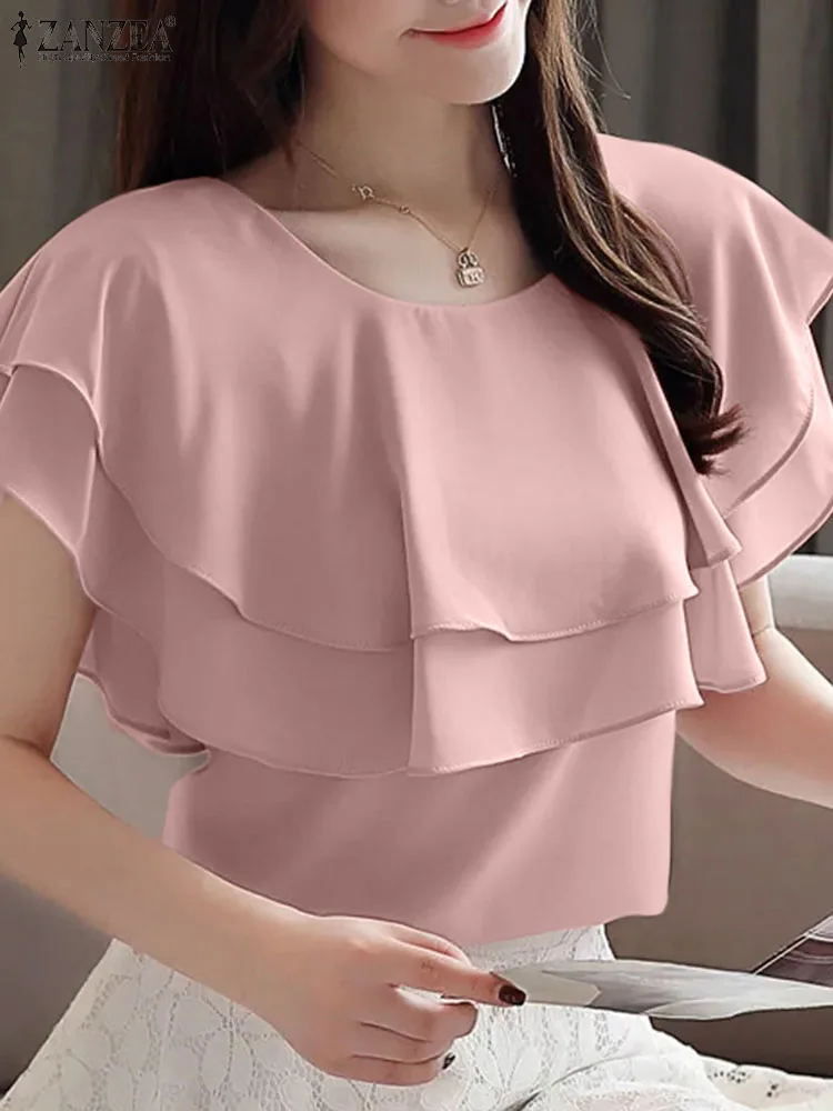 ZANZEA Women Shirts Vintage Round Neck Short Sleeve Blouses Fashion Double Ruffled Stitching Blusas Casual Pleated Solid Tops