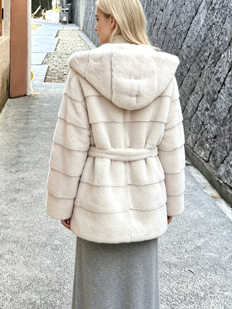 LIMO Women  Faux Mink Fur Mid Length Coat Hooded Belted Waist Fluffy Winter Luxury Outerwear